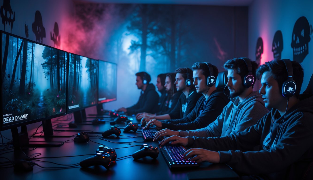 Sekelompok pemain sedang bermain game horor multiplayer dengan suasana gelap dan pencahayaan biru merah yang menegangkan.