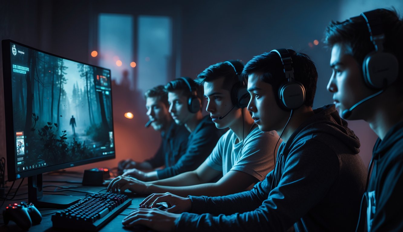 Sekelompok pemain muda berkumpul di depan komputer dengan ekspresi fokus, sedang bermain game bertema horor bertahan hidup di ruangan dengan pencahayaan redup.