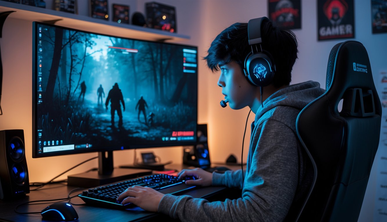 Seorang pemain muda fokus bermain permainan video horor bertahan hidup di depan komputer di dalam kamar yang nyaman.