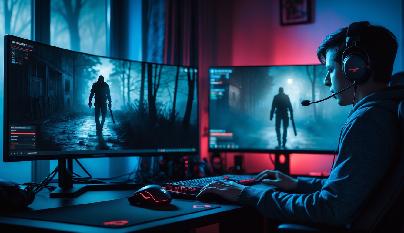 Seorang pemain game fokus di depan komputer dengan suasana gelap dan pencahayaan biru merah, memperlihatkan karakter pembunuh dari permainan horor Dead by Daylight di layar.