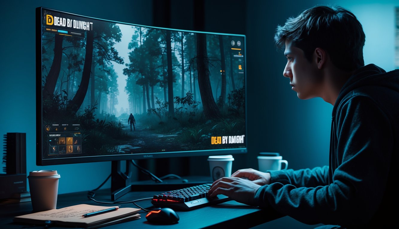 Seorang pemain muda serius bermain Dead by Daylight dengan layar besar yang menampilkan hutan gelap dalam permainan, duduk di depan keyboard dan mouse di ruangan dengan pencahayaan lembut.