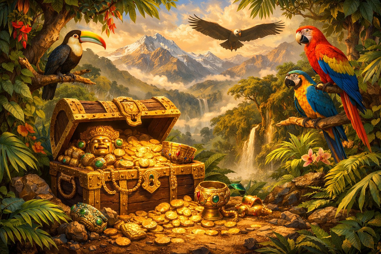 A Jungle Scene With A Treasure Chest Full Of Gold Coins, Colorful Birds, And Mountains In The Background.