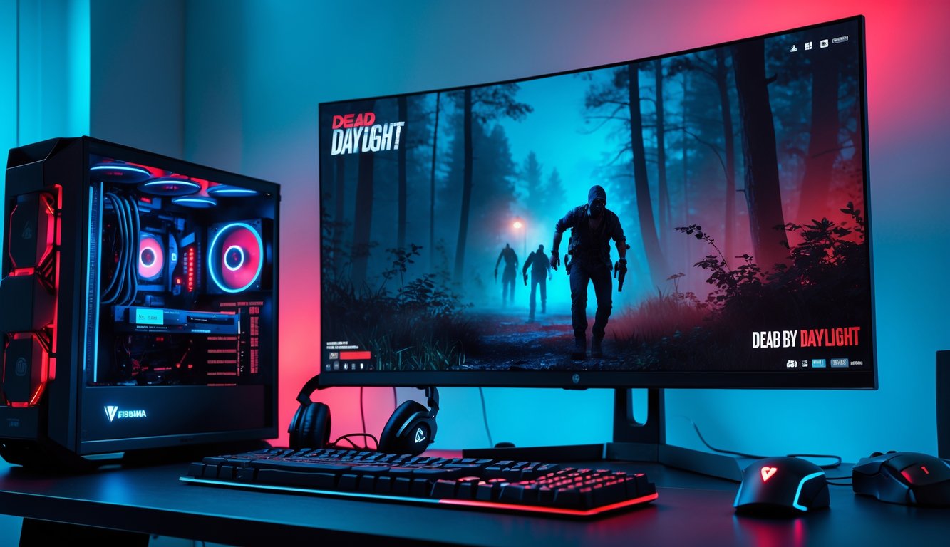 Setup gaming dengan komputer menampilkan adegan pengejaran dalam game Dead by Daylight di ruangan gaming modern.