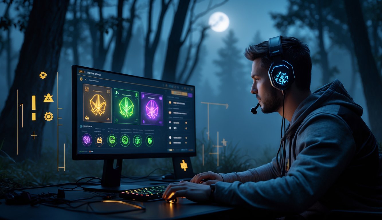 Seorang pemain game fokus bermain di depan komputer dengan latar hutan gelap dan kabut, menampilkan suasana permainan yang intens dan menegangkan.