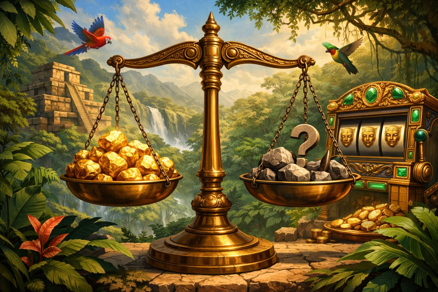 A Balanced Scale With Gold Nuggets On One Side And Small Obstacles On The Other, Set Against A Lush Ecuadorian Jungle With Ancient Ruins And A Decorative Slot Machine Nearby.
