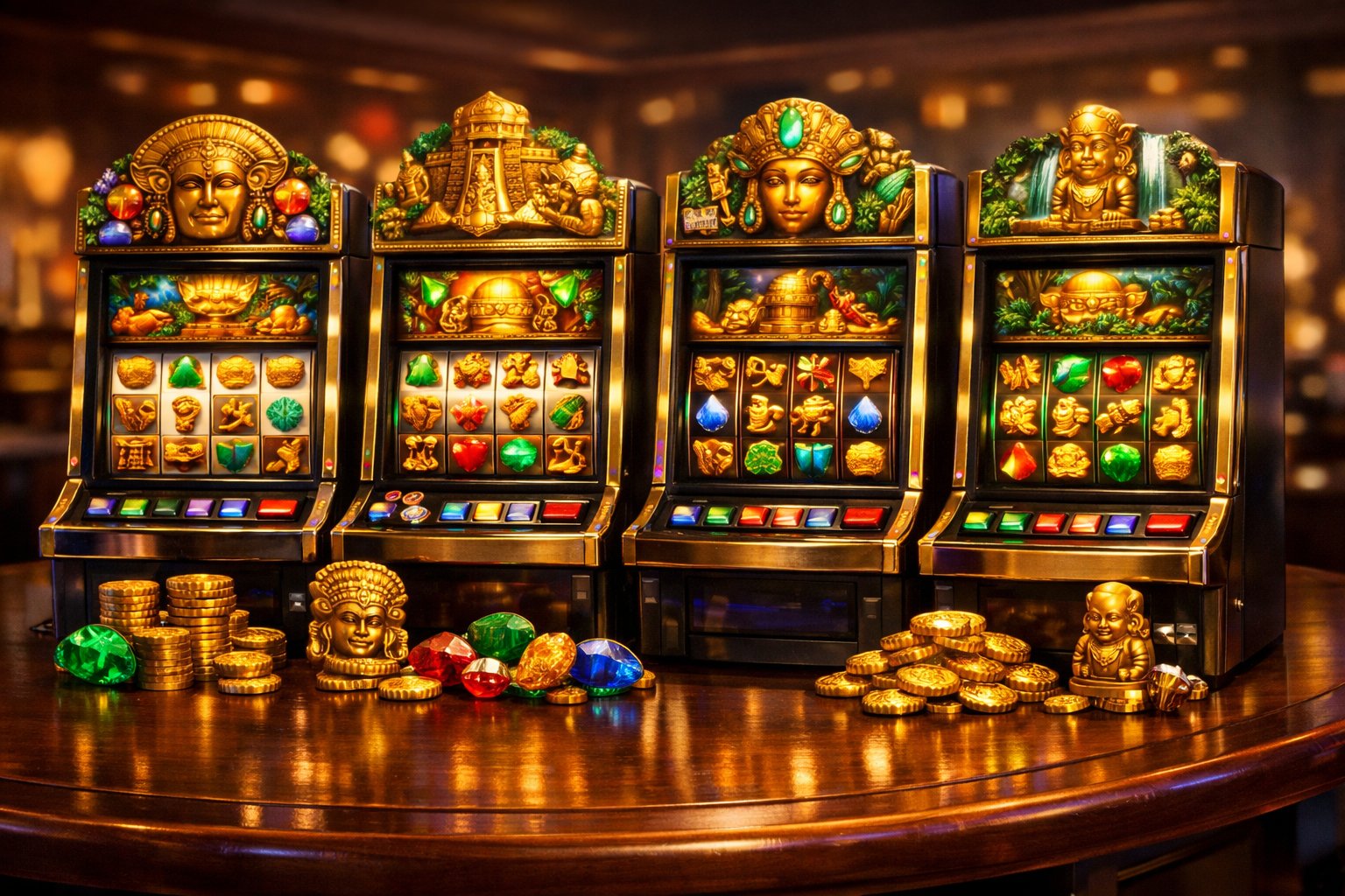A Casino Table With Several Colorful Slot Machines Featuring Gold And JungleThemed Symbols.