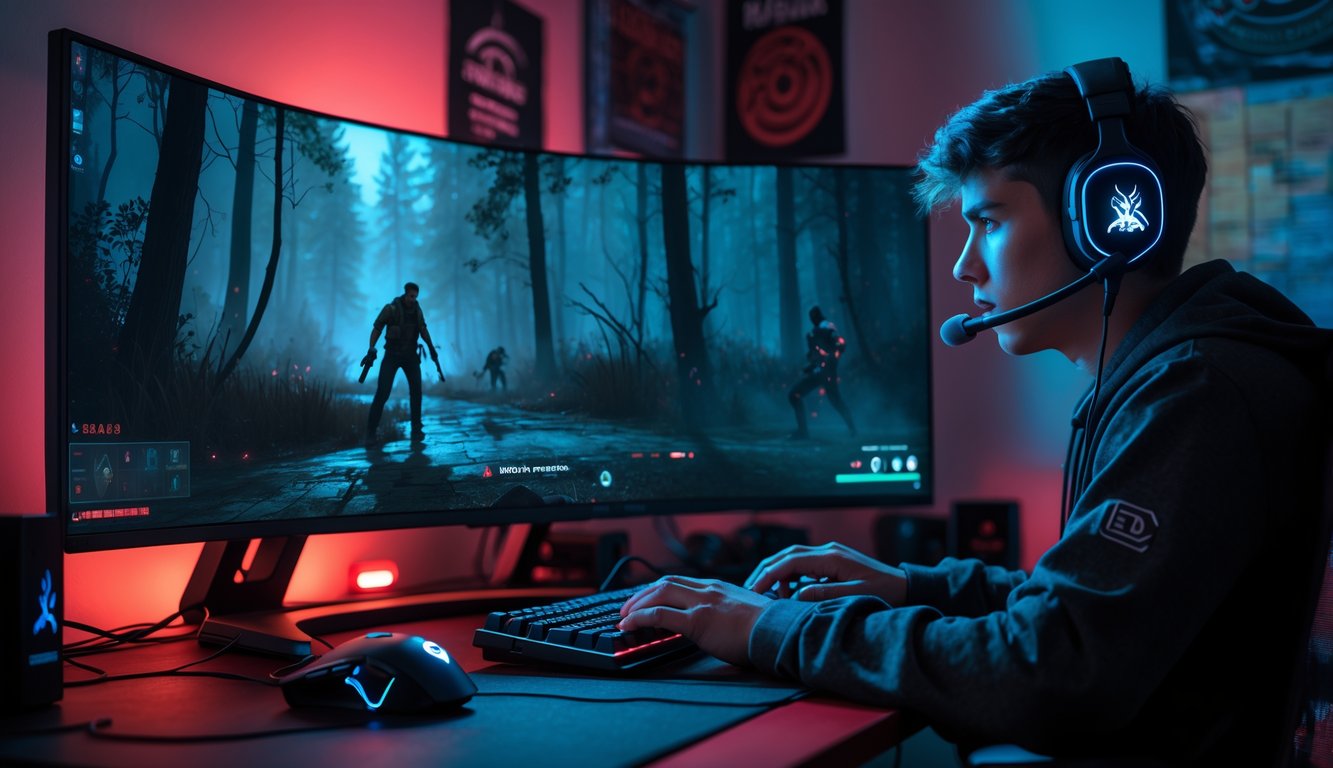 Seorang pemain game sedang fokus bermain permainan horor di depan komputer dengan suasana gelap dan menegangkan.