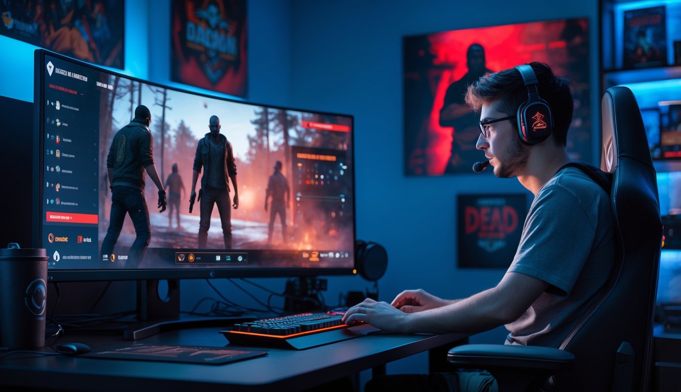 Seorang pemain game sedang fokus bermain Dead by Daylight di komputer dengan suasana ruangan gaming yang gelap dan pencahayaan LED biru dan merah.