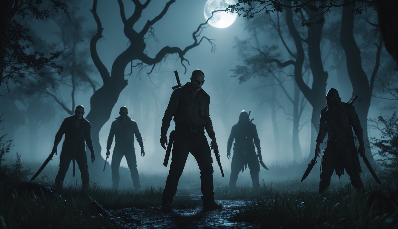 Pemandangan hutan gelap dan berkabut di malam hari dengan sosok-sosok menakutkan dan berbahaya berdiri di antara pepohonan.