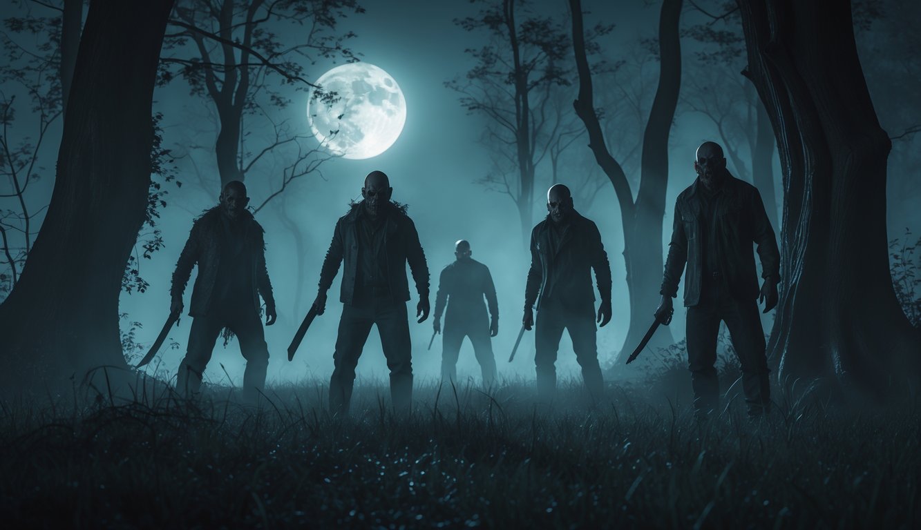 Hutan gelap dan berkabut di malam hari dengan sosok menyeramkan berdiri di antara pepohonan.