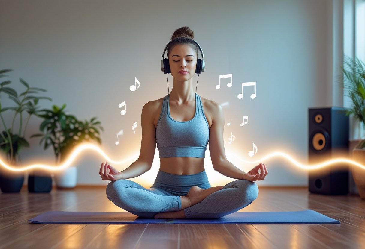 Frau sitzt im Schneidersitz auf einer Yogamatte mit Kopfhörern in einem ruhigen Raum.