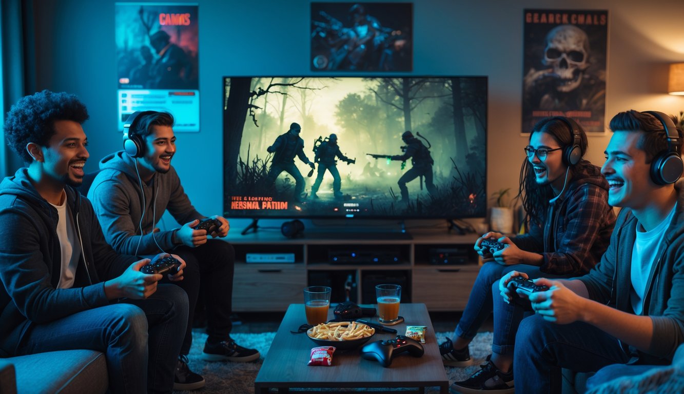 Sekelompok empat orang muda sedang bermain video game horor bersama di ruang tamu yang nyaman.