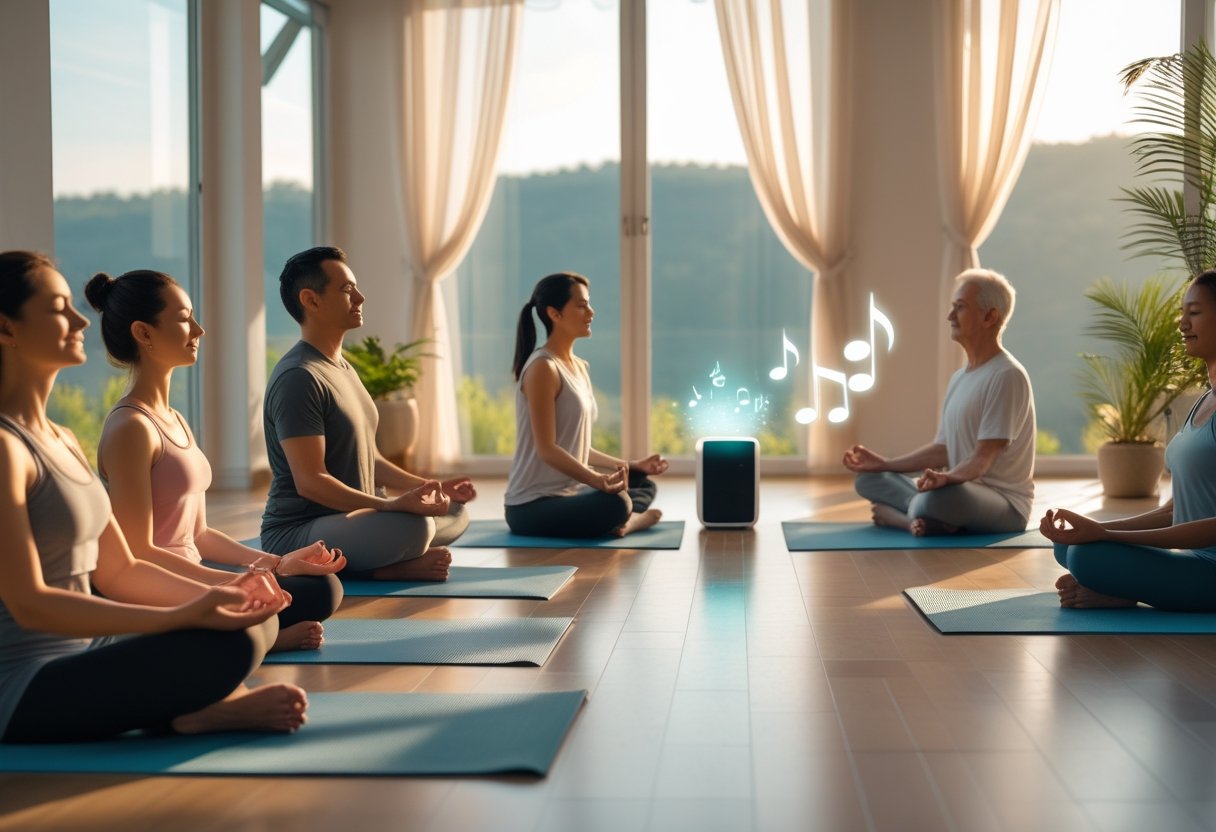 Menschen praktizieren Yoga in einem hellen Raum mit Blick auf die Natur, während sanfte Musik die entspannte Atmosphäre unterstützt.