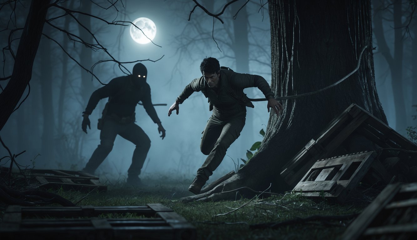 Seorang karakter bertahan berlari mengelilingi pohon besar di hutan gelap sambil menghindari pembunuh yang mengejar.