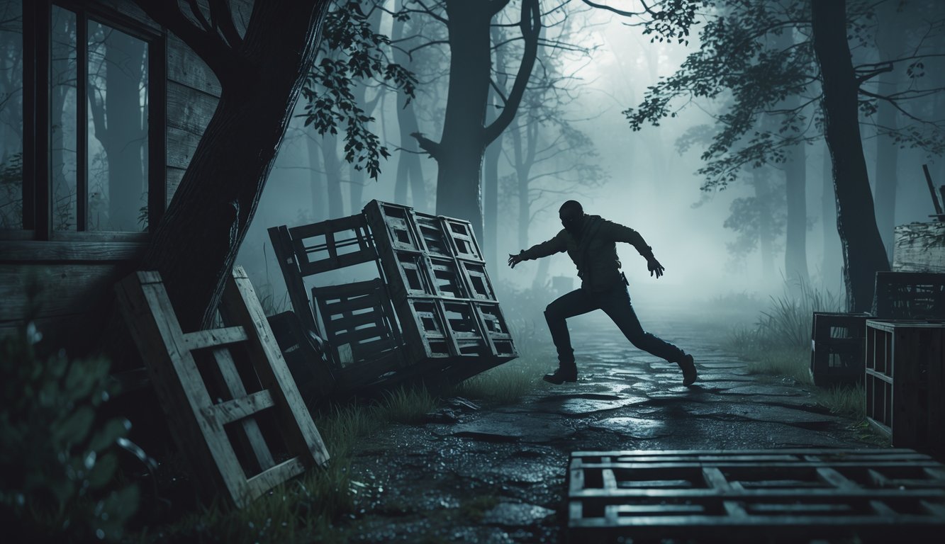 Seorang pemain sedang menghindari pembunuh di hutan gelap dengan berlari melewati pohon dan palet dalam permainan Dead by Daylight.