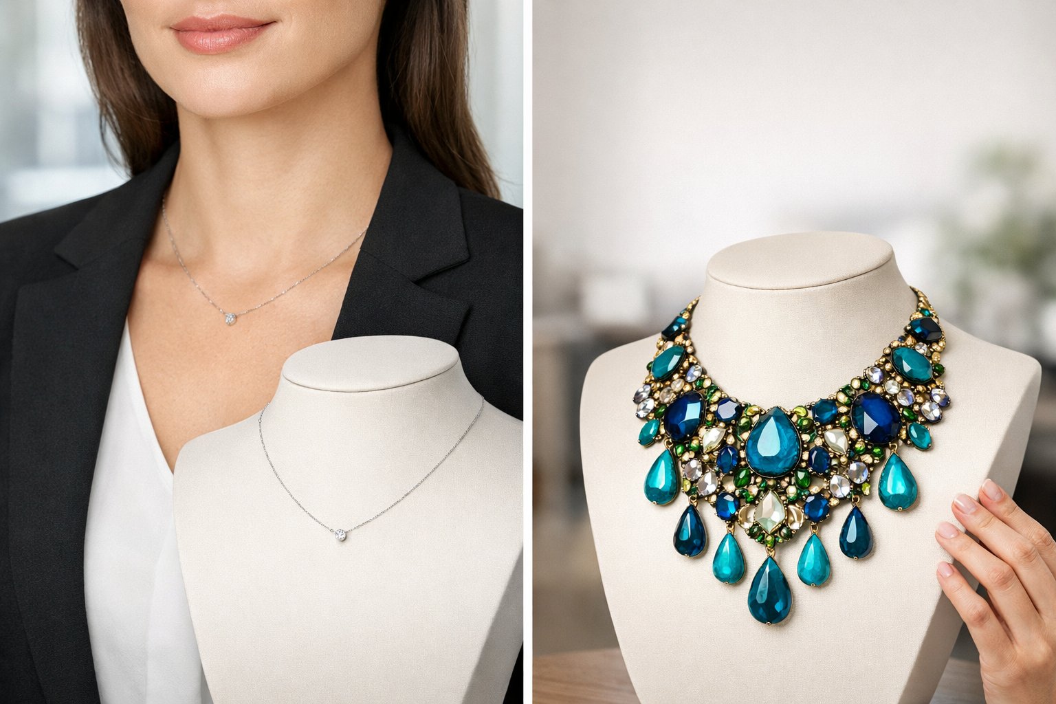 Two women side by side wearing different necklaces, one with a simple delicate necklace and the other with a large bold statement necklace, both dressed in professional clothing.