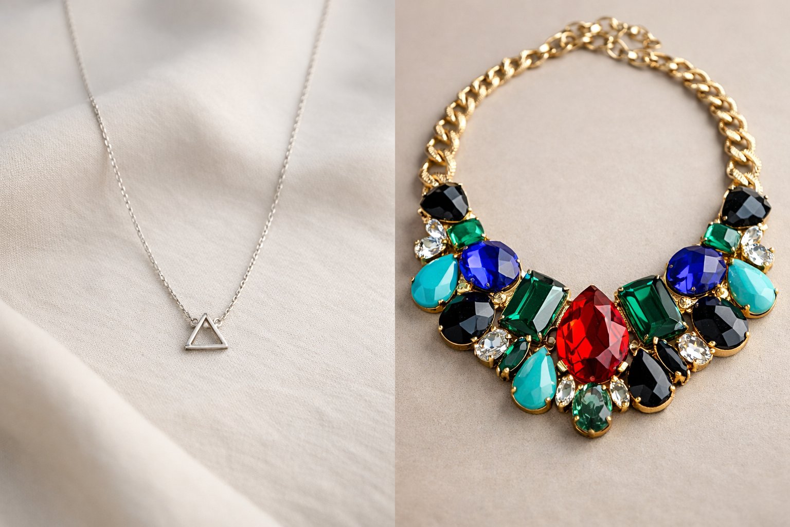 Two necklaces displayed side by side, one simple and delicate, the other large and colorful, on a neutral background.
