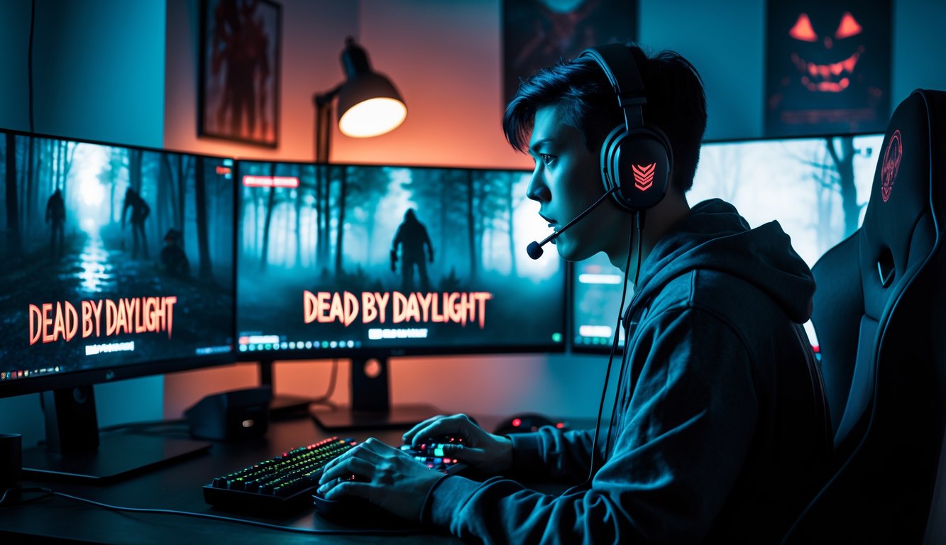 Seorang gamer muda fokus bermain game horor Dead by Daylight di ruangan dengan beberapa monitor dan suasana gelap yang menegangkan.