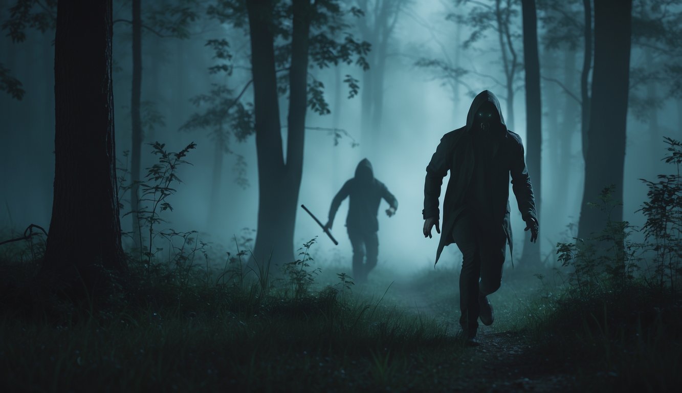 Seseorang yang ketakutan berlari di hutan gelap dan berkabut, dengan sosok menyeramkan mengintai dari belakang.