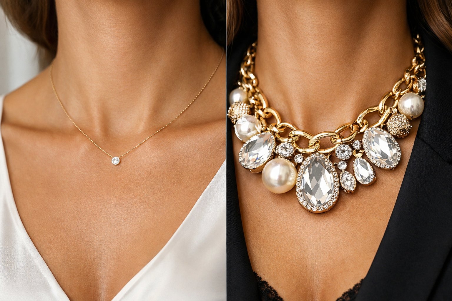 Close-up of a woman's neck wearing a delicate minimalist necklace on one side and a bold statement necklace on the other side.