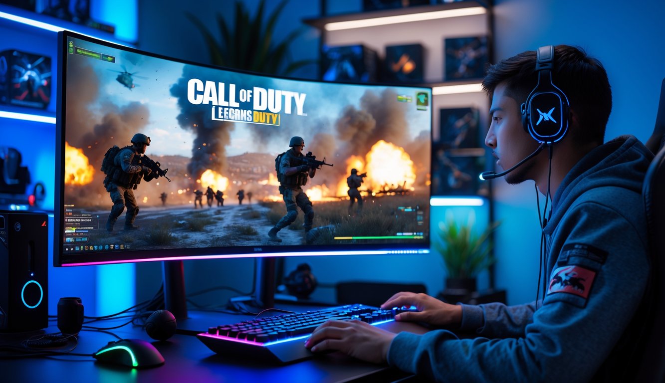 Seorang gamer serius bermain game tembak-tembakan Call of Duty di depan komputer dengan layar besar menampilkan adegan pertempuran.