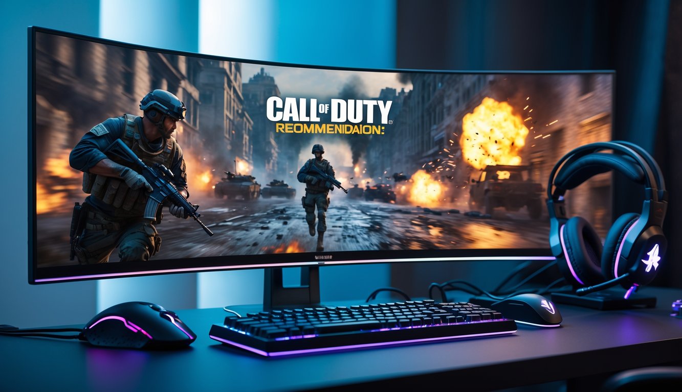 Seorang pemain sedang bermain game Call of Duty dengan layar besar menampilkan adegan pertempuran di kota yang hancur, dikelilingi oleh perlengkapan gaming modern.