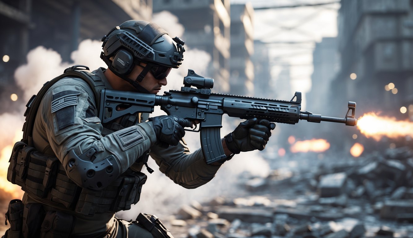 Seorang tentara bersenjata lengkap sedang menembak di medan perang kota yang hancur dengan asap dan ledakan di latar belakang.