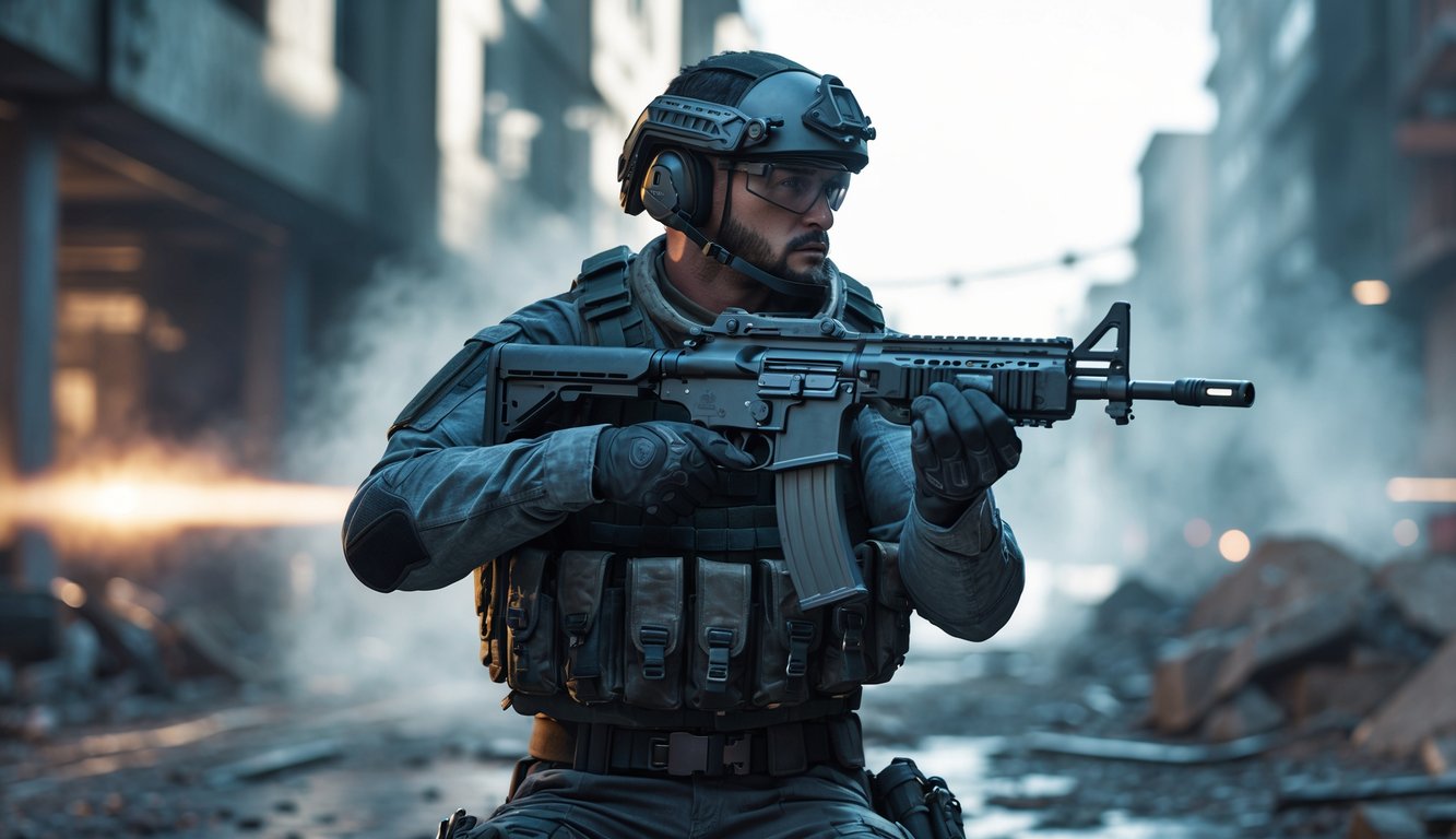 Seorang tentara bersenjata lengkap sedang bergerak di lingkungan kota yang hancur dengan asap dan reruntuhan di sekitarnya.