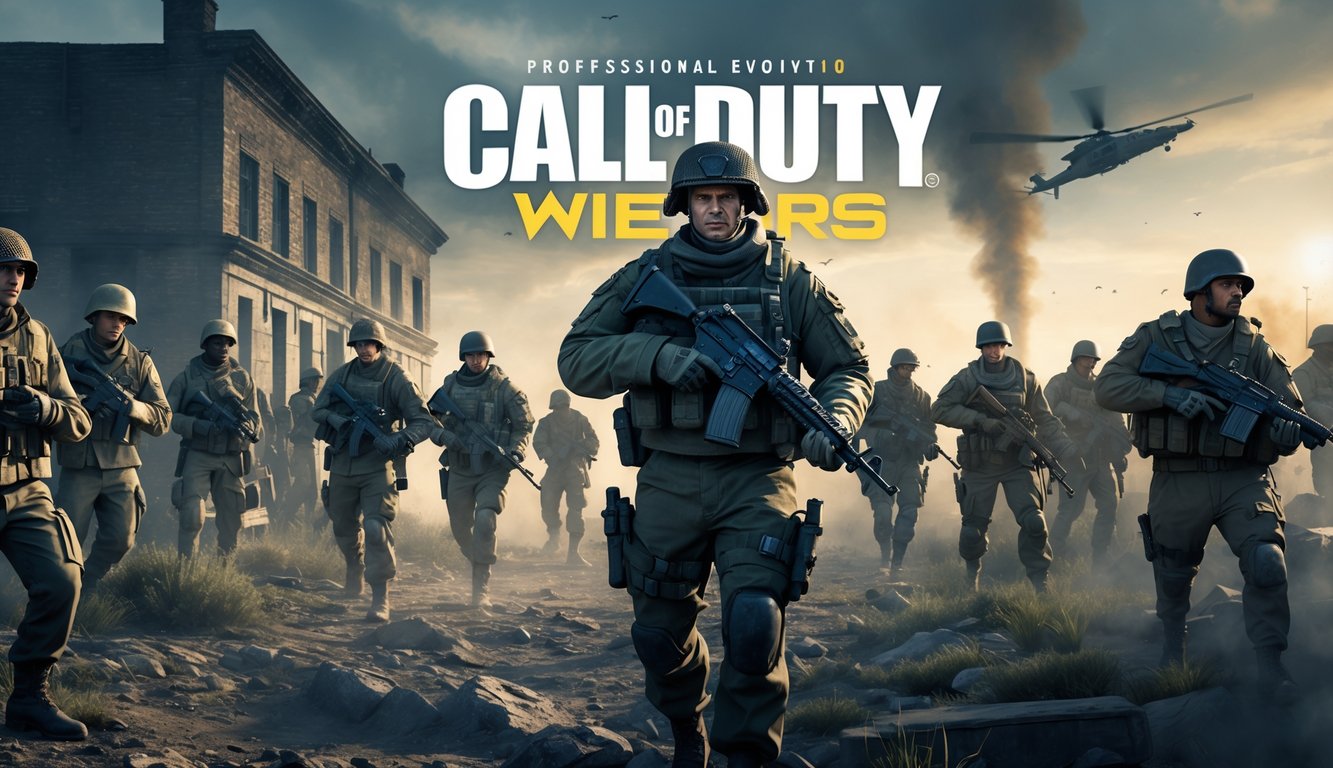 Beberapa tentara dalam berbagai seragam militer dari era berbeda sedang bersiap dalam posisi tempur di latar belakang yang berubah dari medan perang klasik ke zona perkotaan futuristik.