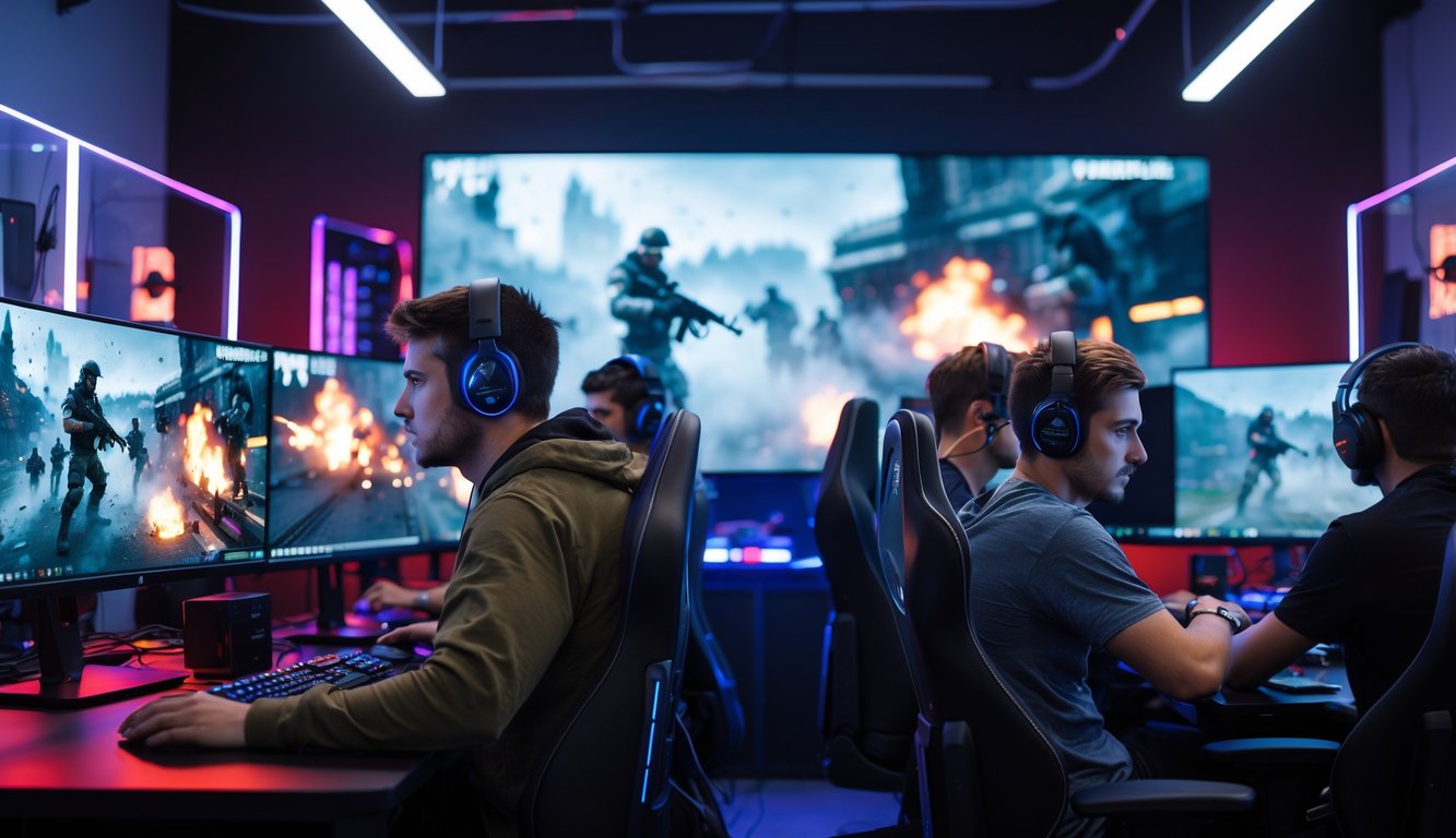 Sekelompok orang muda bermain game Call of Duty secara online dengan komputer dan peralatan gaming di ruangan yang terang dan modern.