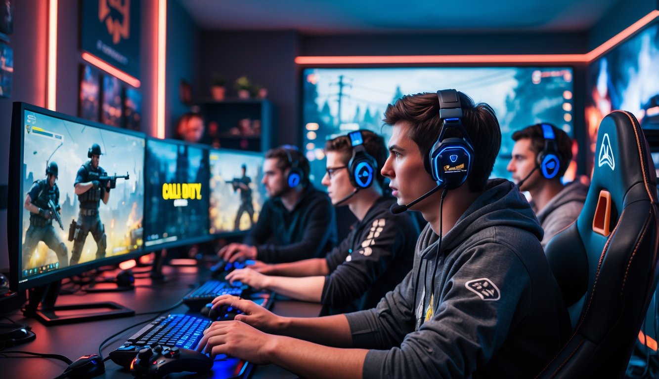 Sekelompok orang muda sedang bermain game Call of Duty secara online bersama di ruangan gaming dengan peralatan modern dan suasana yang fokus.