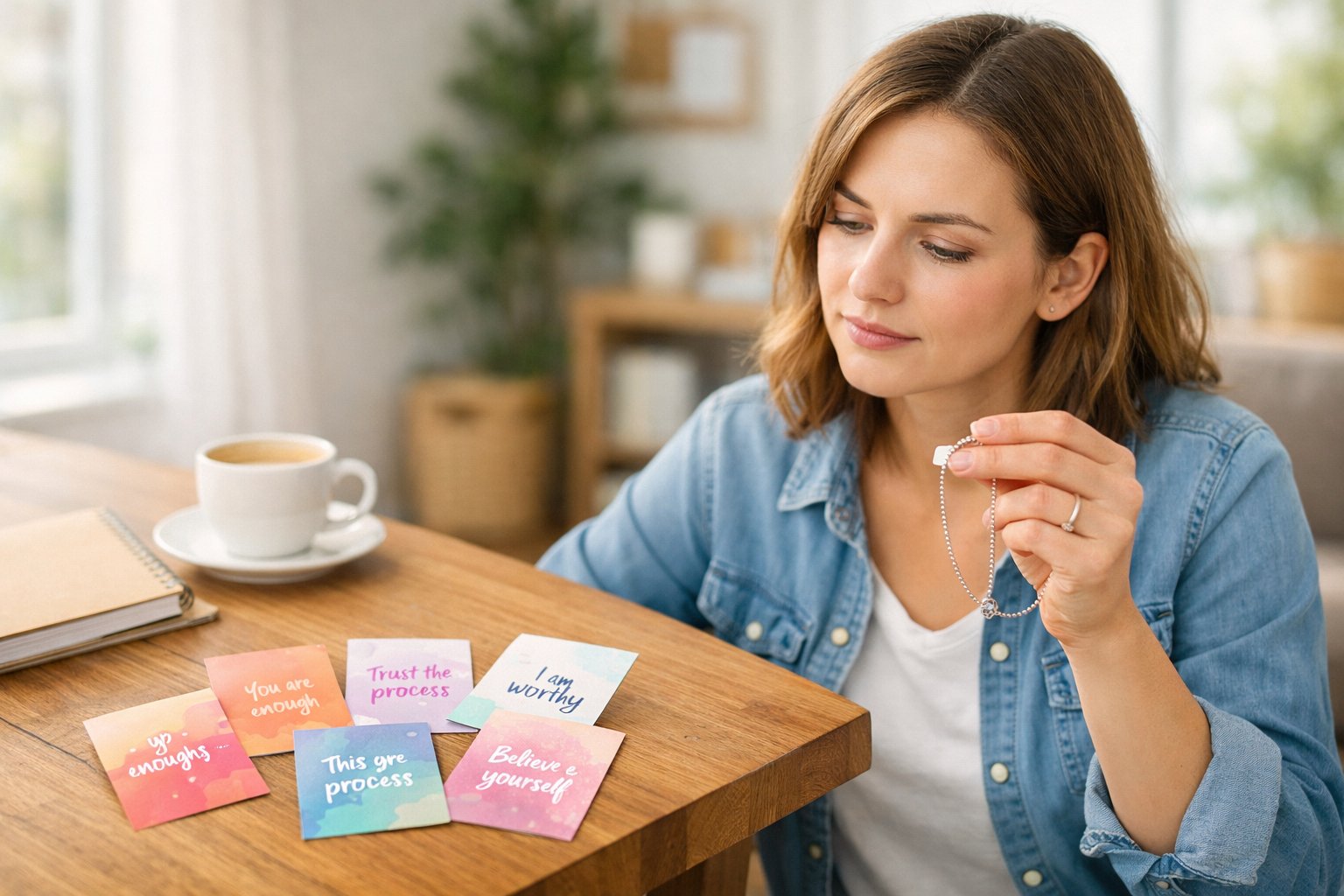 A young woman compares printed affirmation cards on a desk with a wearable affirmation accessory she holds in her hand, sitting in a bright, cozy room.