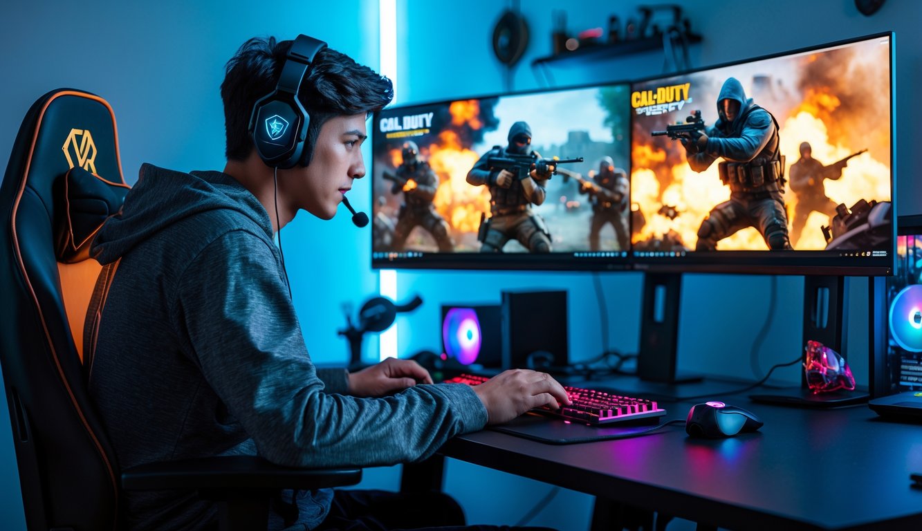 Seorang pemain muda sedang bermain game tembak-menembak di depan komputer dengan dua monitor di ruangan yang rapi dan terang.
