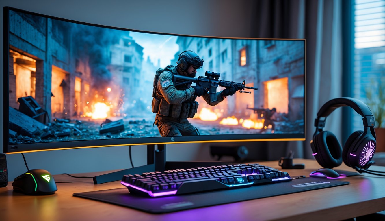 Seorang gamer sedang bermain game Call of Duty di komputer dengan peralatan gaming lengkap di meja yang rapi dan pencahayaan ruangan yang hangat.