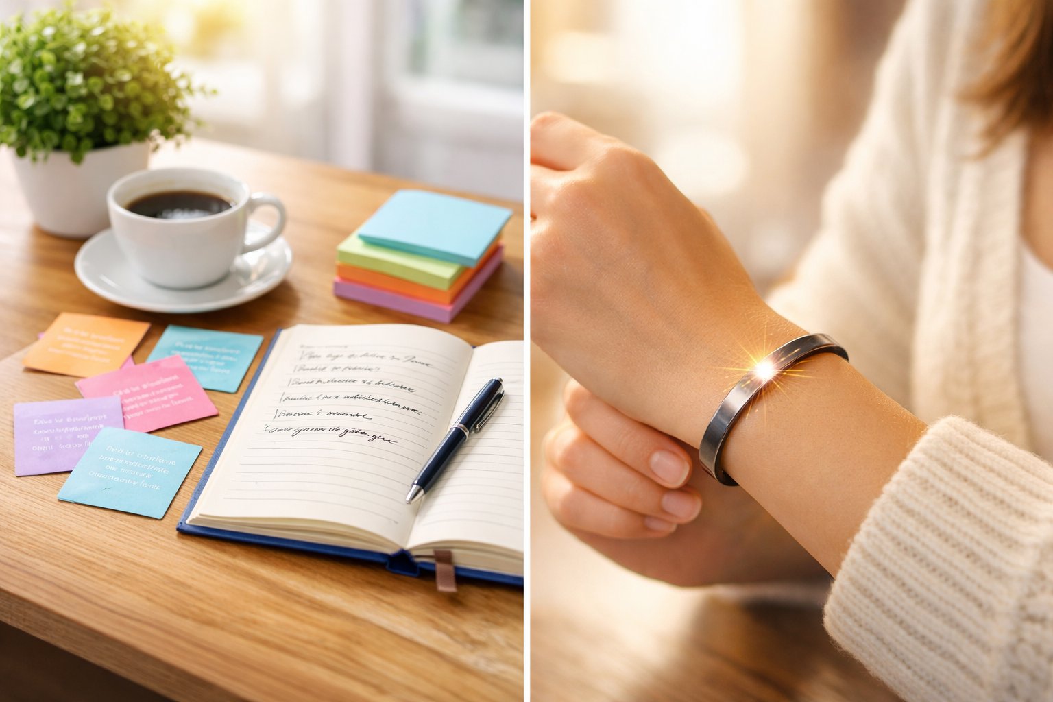 A split scene showing printed affirmation cards and a journal on a desk on one side, and a woman wearing an affirmation bracelet on her wrist on the other.