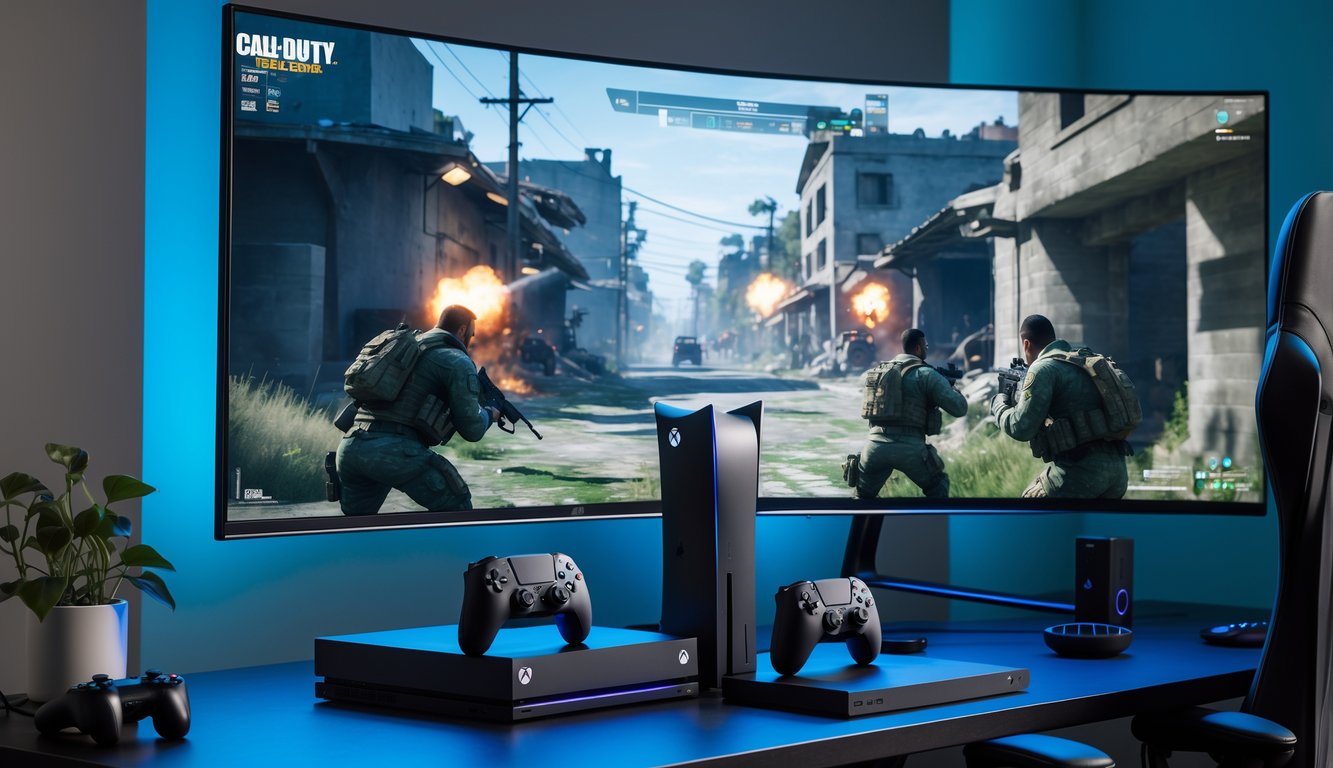 Setup gaming dengan konsol PlayStation 5 dan Xbox Series X berdampingan di meja, menampilkan layar besar dengan adegan permainan tembak-menembak yang intens.