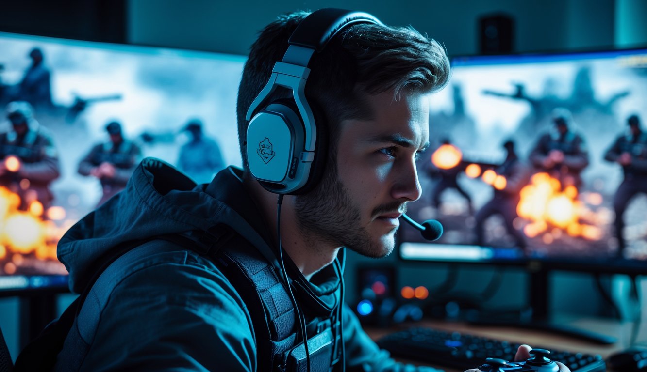 Seorang pemain game fokus dengan headphone dan pengendali game di depan layar menampilkan adegan pertempuran yang dramatis.