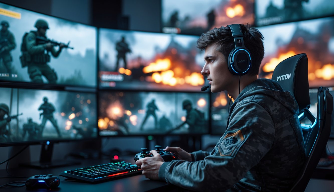 Seorang gamer muda sedang bermain video game Call of Duty dengan fokus di depan layar komputer di ruangan yang terang.