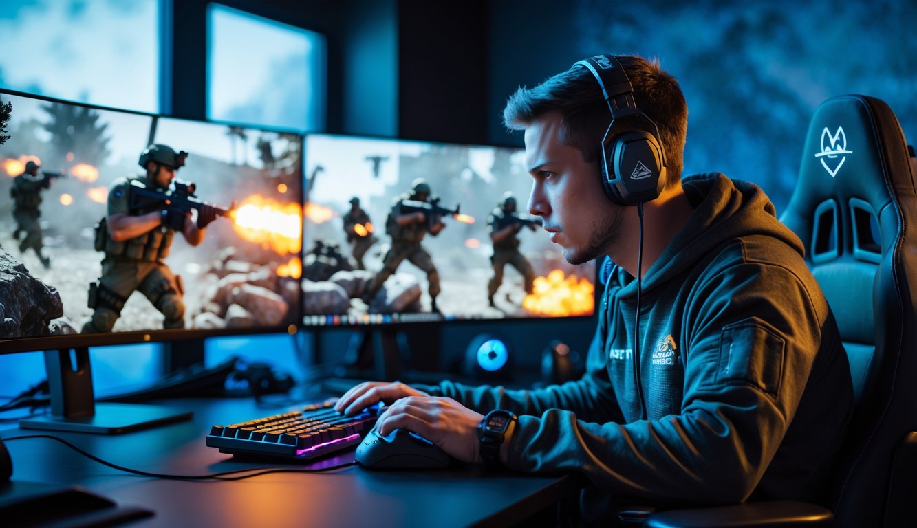 Seorang gamer fokus bermain game tembak-tembakan dengan headset di depan beberapa layar komputer yang menampilkan adegan pertempuran militer.