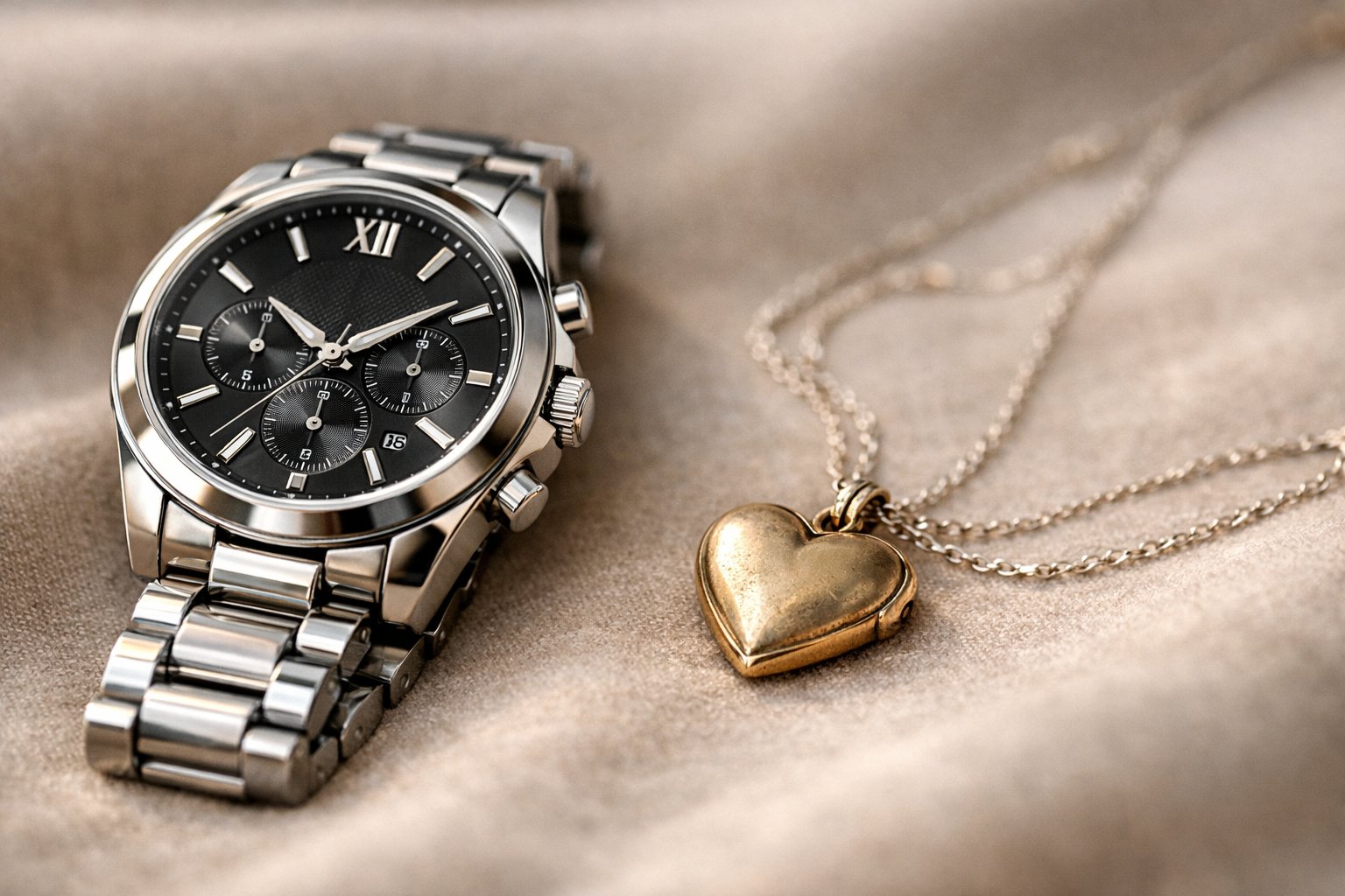 A close-up of a luxury watch and a sentimental necklace placed side by side on fabric.