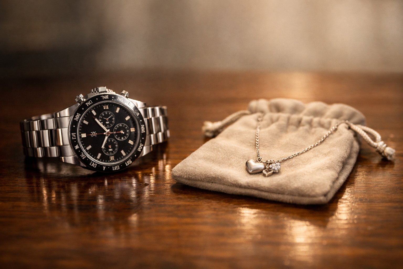 Close-up of a luxury wristwatch and a delicate necklace placed side by side on a wooden surface.