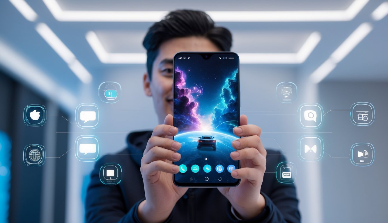 Seseorang memegang smartphone modern yang menampilkan permainan berat dengan latar belakang teknologi futuristik.