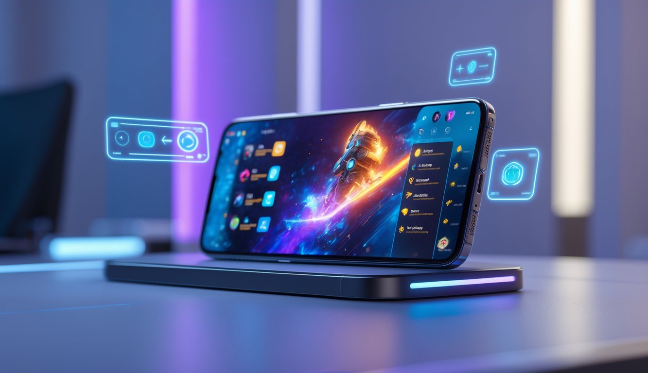 Sebuah ponsel modern dengan layar menampilkan game dan beberapa aplikasi berjalan bersamaan di atas meja minimalis dengan latar belakang teknologi futuristik.