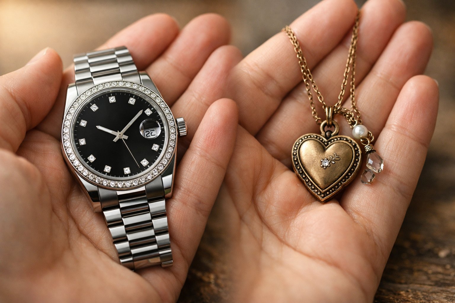 Two hands holding a luxury watch and a sentimental necklace side by side.