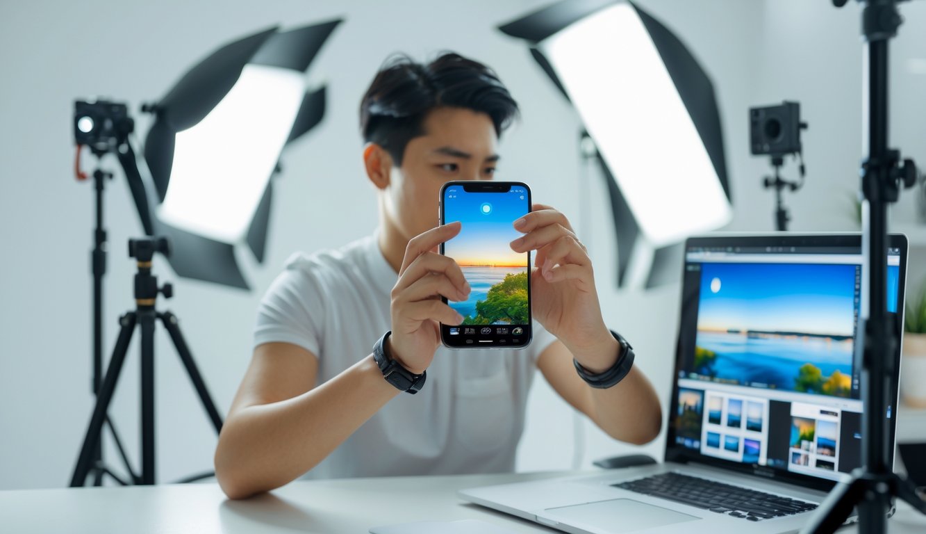 Seorang kreator konten memegang smartphone dengan kamera jernih di studio yang terang, dikelilingi peralatan fotografi.