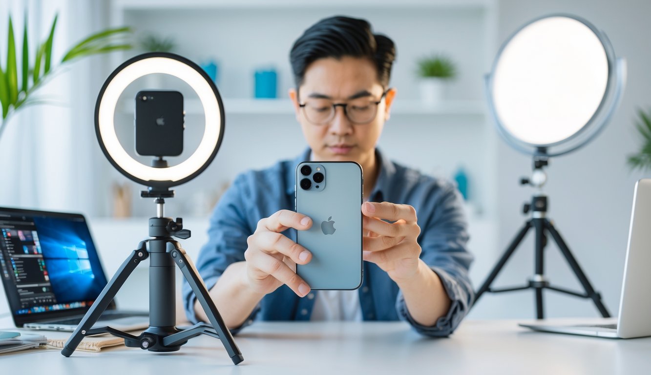 Seorang pembuat konten memegang smartphone dengan kamera jelas di studio yang terang dan rapi, dikelilingi peralatan fotografi.