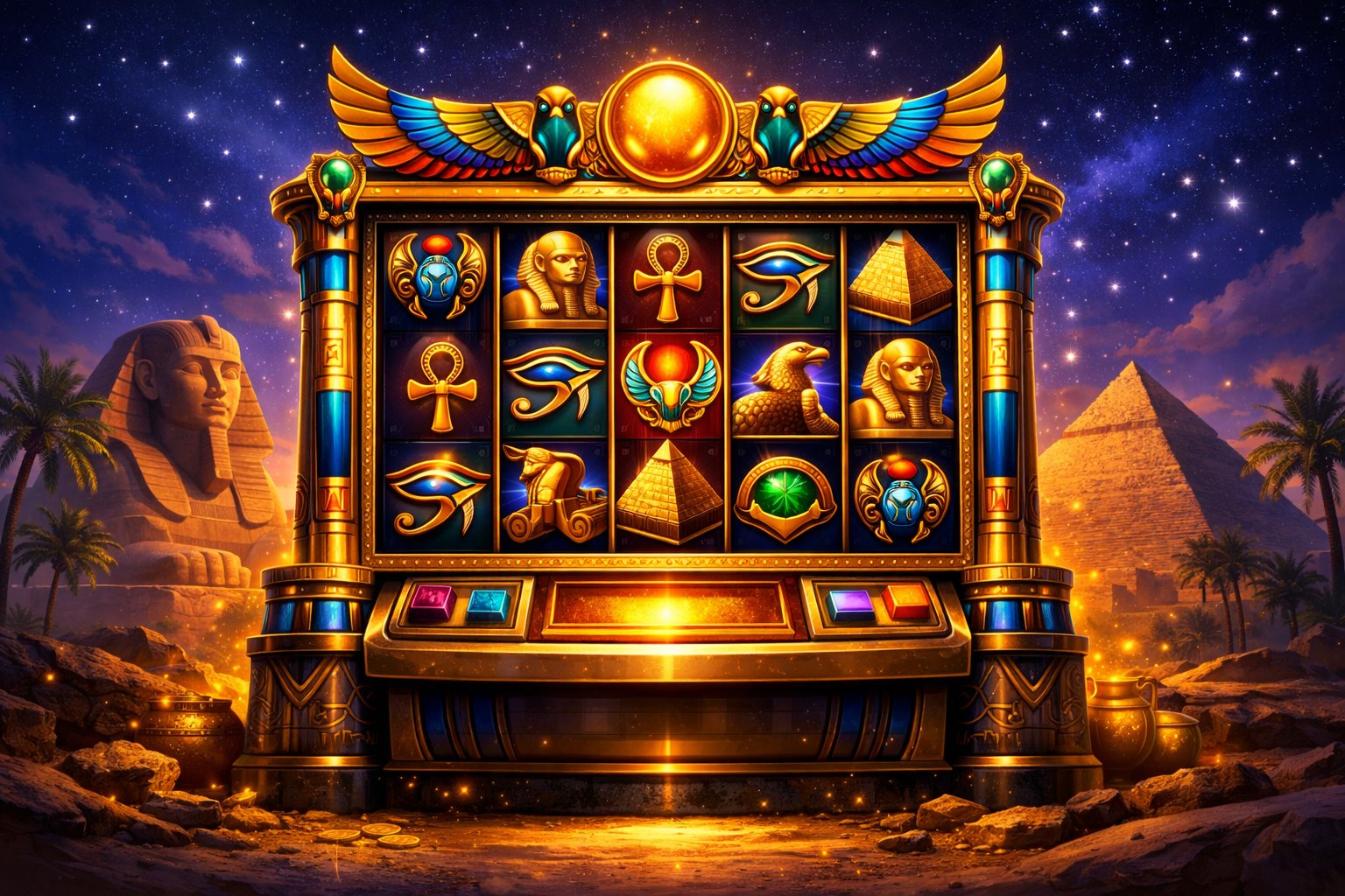 A Slot Machine Decorated With Egyptian Symbols Set Against A Desert Landscape Featuring Pyramids, The Sphinx, And A Starry Dusk Sky.
