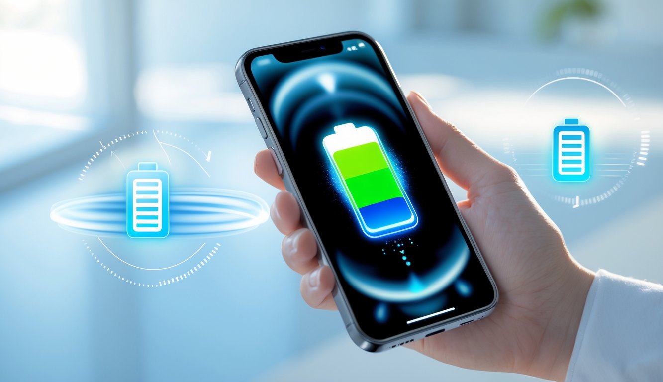 Seseorang memegang ponsel modern dengan ikon baterai penuh yang terlihat jelas di layar.