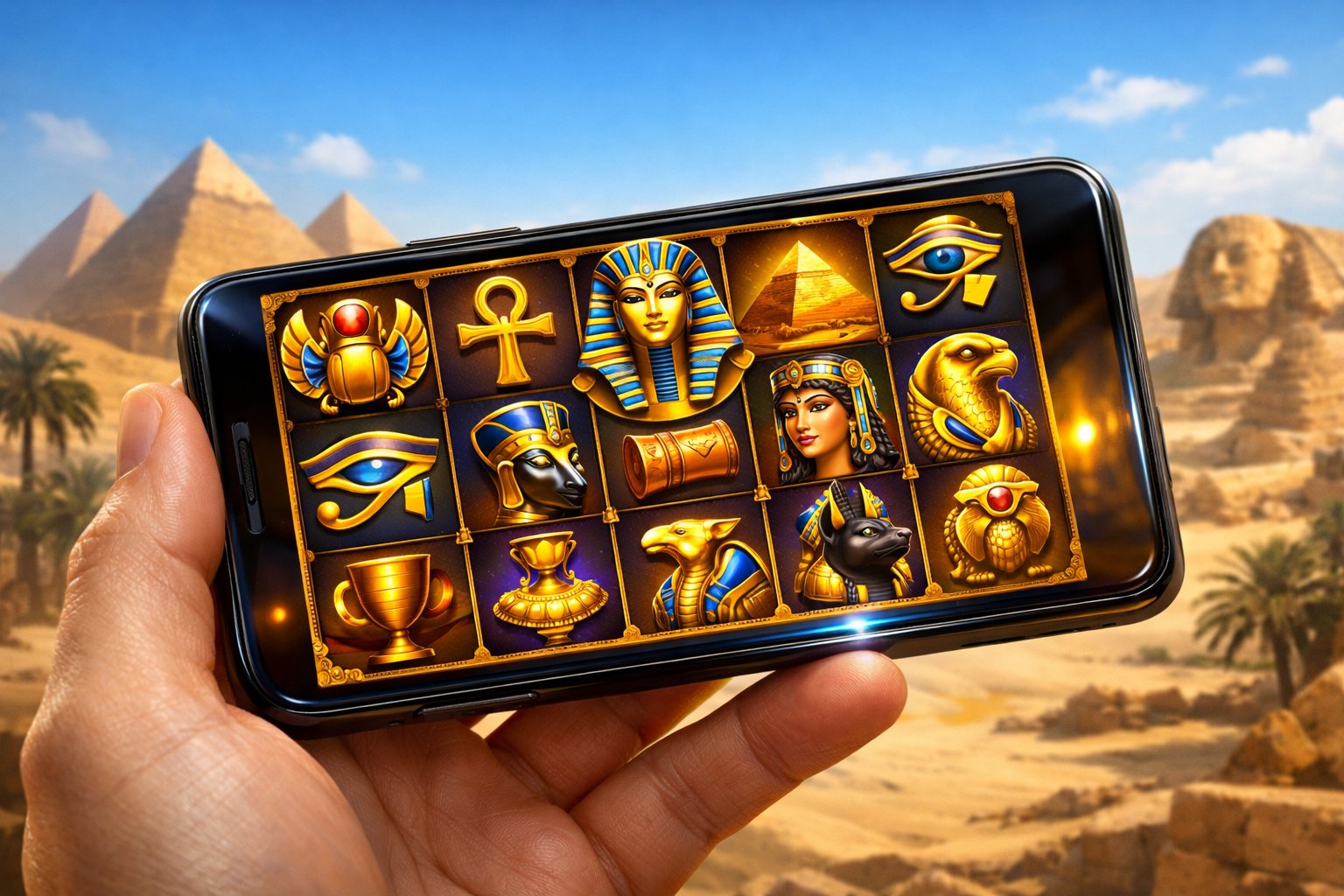A Hand Holding A Smartphone Displaying An Ancient EgyptThemed Slot Game With Symbols Like Scarabs And Pyramids, Set Against A Background Of Desert And Pyramids Under A Blue Sky.