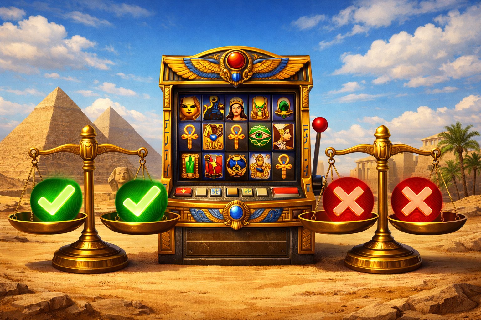 An Ancient Egyptian Scene With Pyramids And A Slot Machine Featuring Egyptian Symbols, Balanced Scales Showing Pros And Cons.